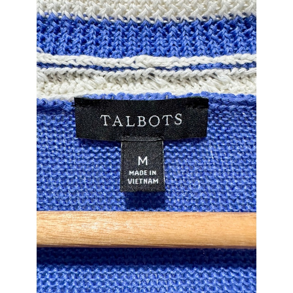 Talbots Womens Blue White Linen V-Neck Cable Trim Striped Knit Sweater Size M - Picture 4 of 5